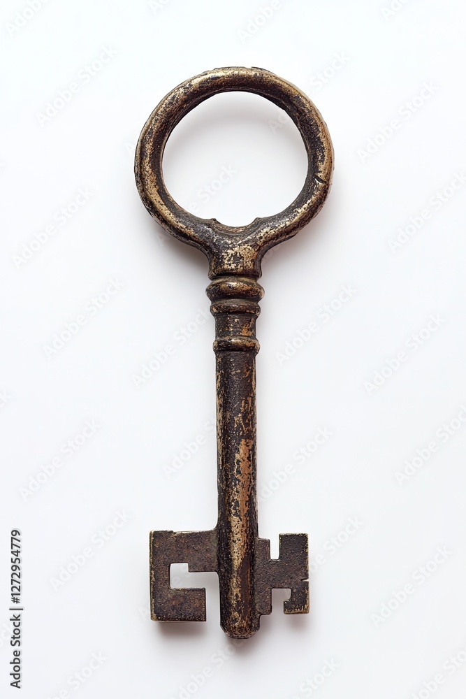 Antique key, studio shot, on white background, history Antique key, studio shot, on white background, history