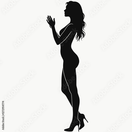Silhouette of a woman praying in high heels against a light background