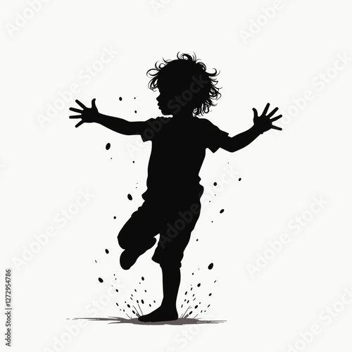 Child playing joyfully, splashing water, silhouette against light background