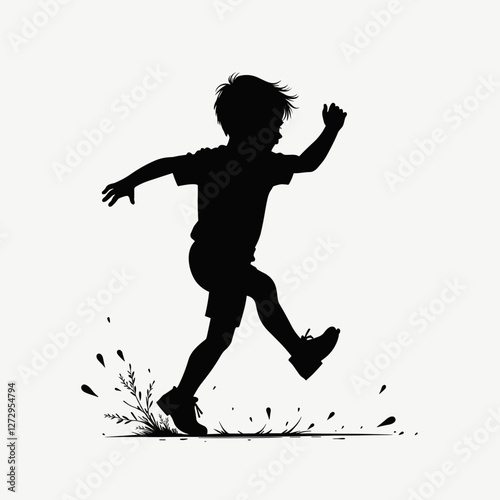 Silhouette of a child joyfully running in puddles