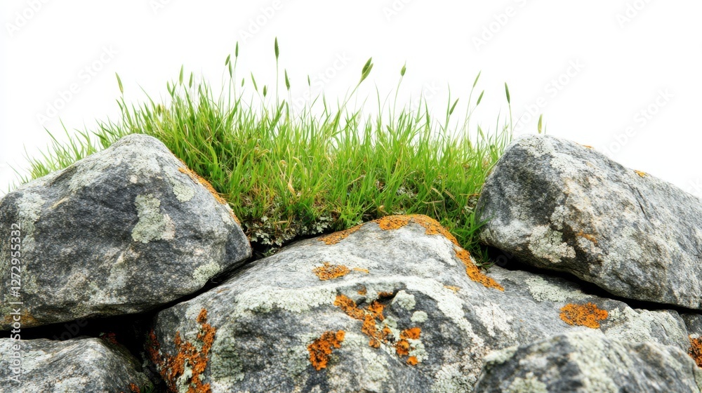 Green Grass Growing on Natural Stone Wall in Bright Environment