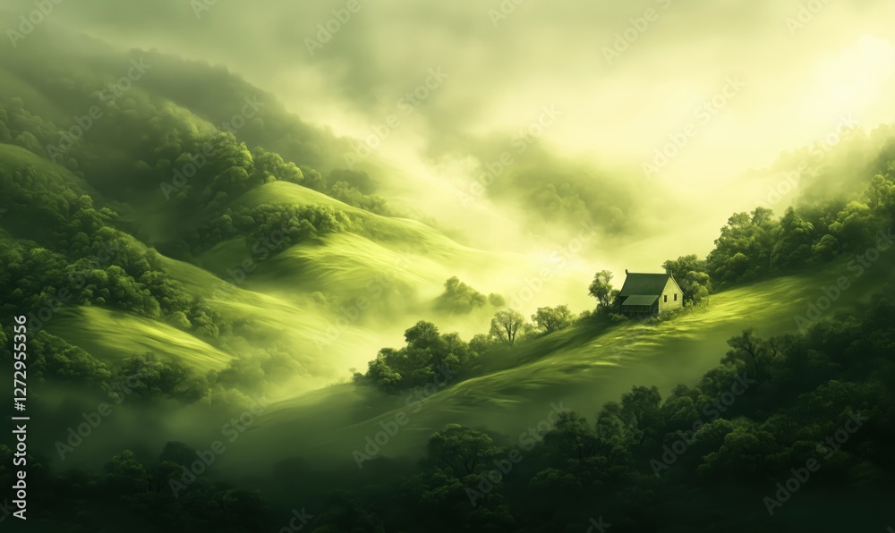 Serene countryside landscape with a solitary house amidst lush green hills Serene countryside landscape with a solitary house amidst lush green hills