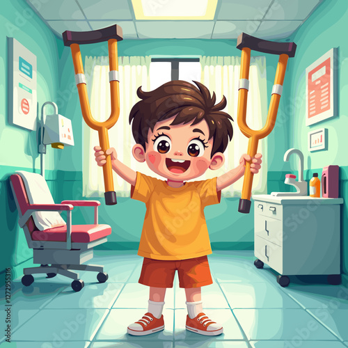 Happy child holding crutches in a hospital room