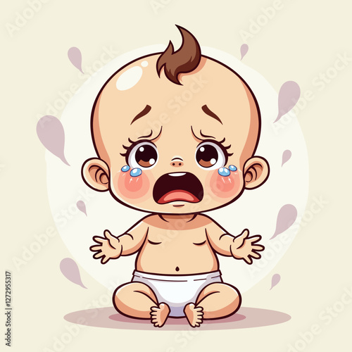 Crying baby in diaper expressing sadness on light background