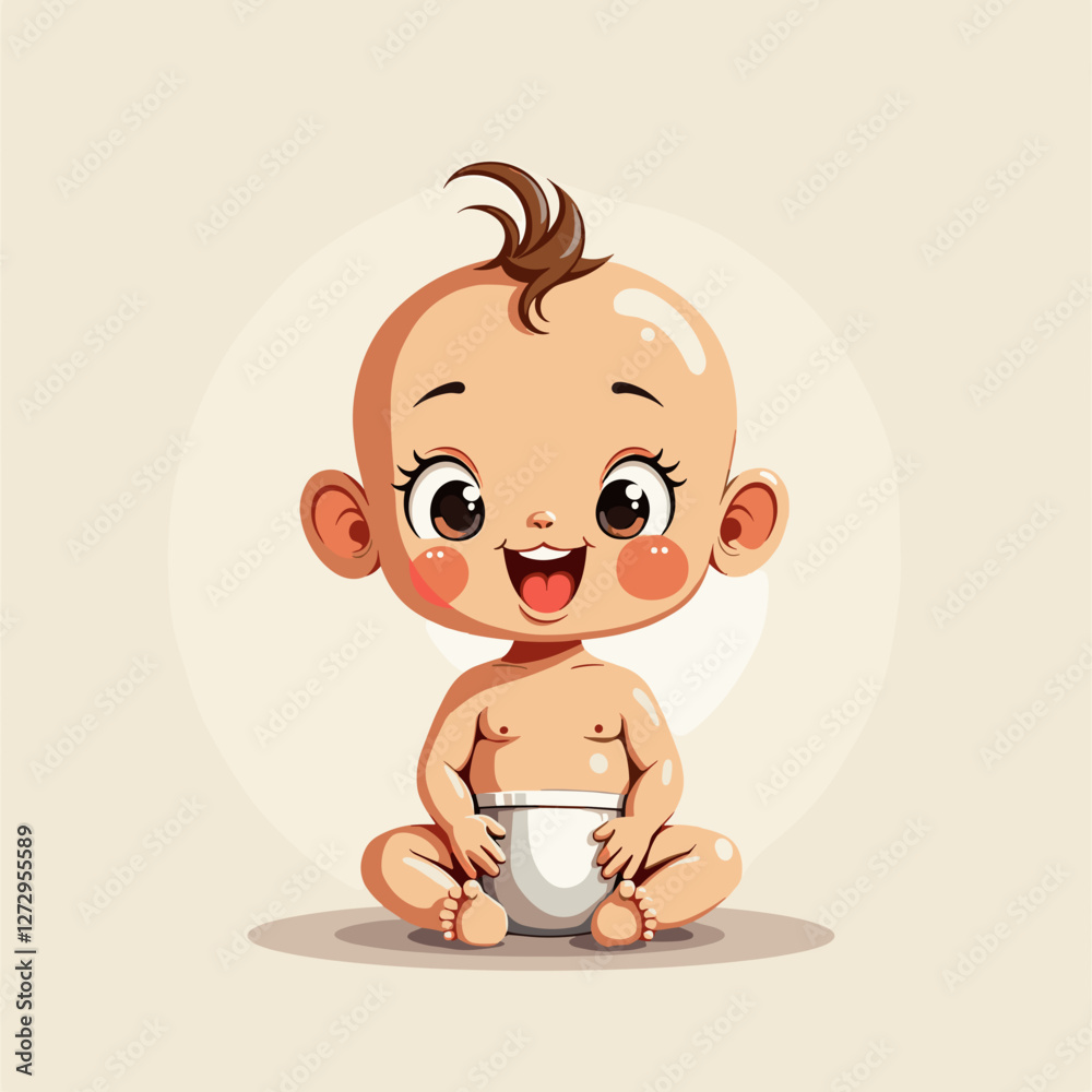 Fototapeta premium Happy baby sitting on floor in cartoon style