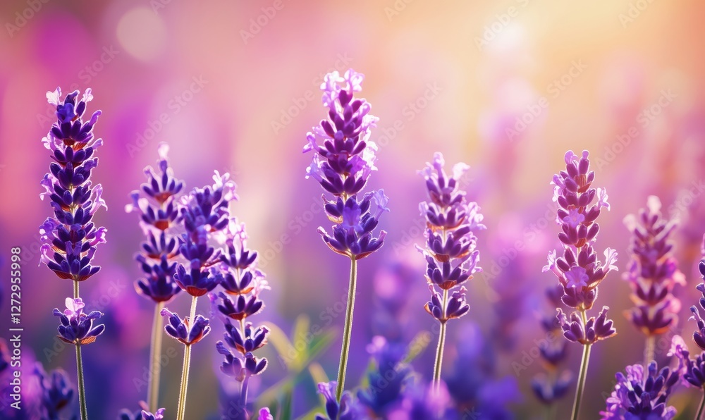 Lavender flowers in vibrant purple hues with soft sunlight background Lavender flowers in vibrant purple hues with soft sunlight background