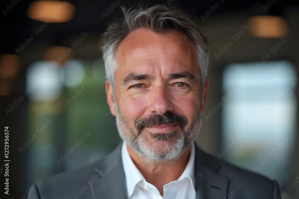 Middle aged man in grey suit with beard looks at camera with smile Middle aged man in grey suit with beard looks at camera with smile