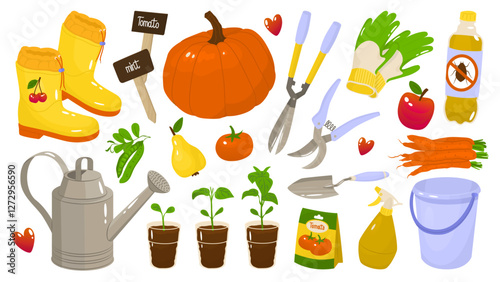 Set of garden tools for planting seedlings. Growing organic products. Farm vegetables and fruits. Agricultural work. Vector illustration isolated on transparent background.