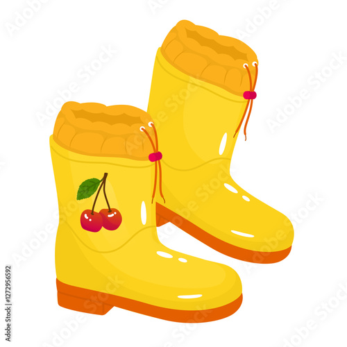 Yellow rubber boots with cherry pattern. Safety footwear for gardening and rainy weather. Funny farmer accessories. Vector illustration isolated on transparent background.