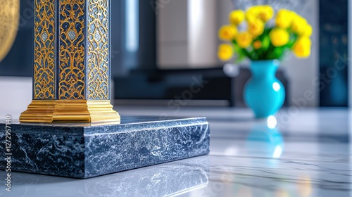 An ornately decorated object sitting upon a marble surface