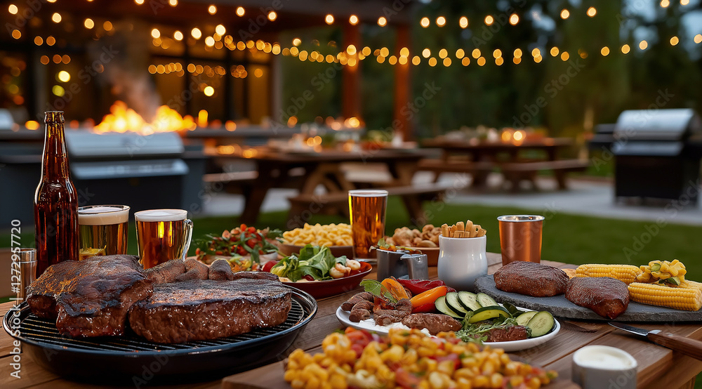 A rustic wooden table set up for an outdoor barbecue, with various grill-themed decorations and the food on it, in front of a large backyard setting at night. The scene includes mu