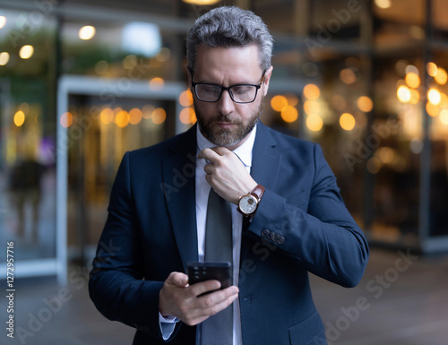 Modern mobile business communication. Businessman texting on phone. Phone texting of man in businesslike suit. Phone use. Man messaging on phone outdoor. Busy man reading business message