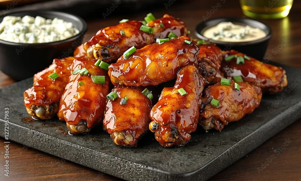 Deliciously glazed chicken wings served on a slate platter with dipping sauces and herbs Deliciously glazed chicken wings served on a slate platter with dipping sauces and herbs