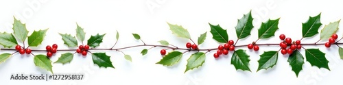 European holly branch with berries against a plain white background, leaves, decoration, berries