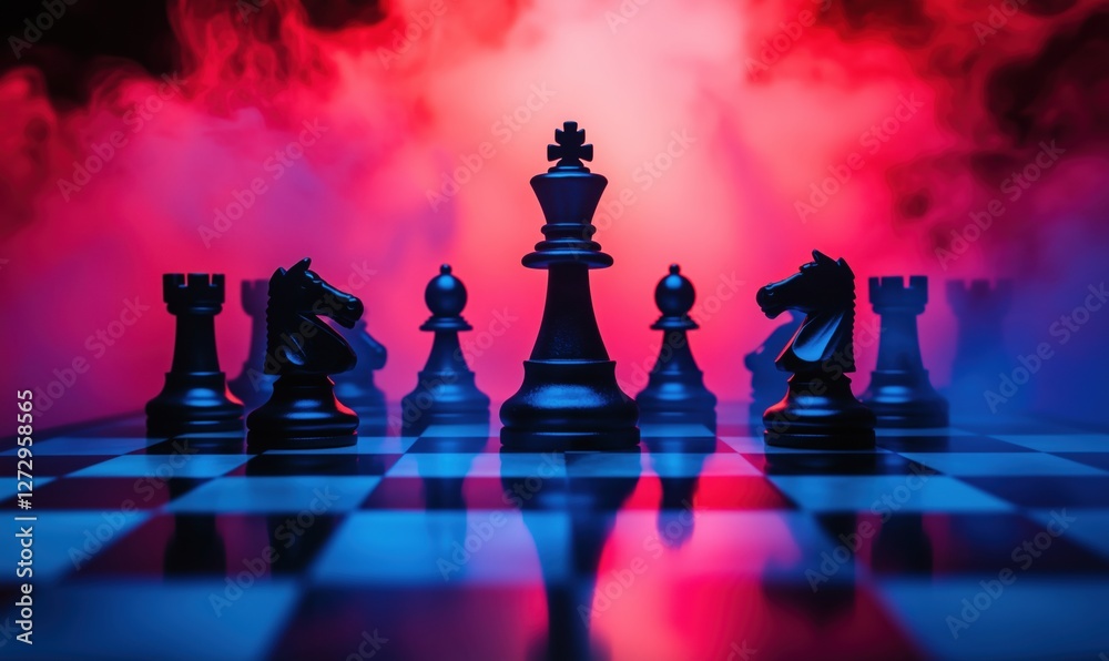 Dramatic chess scene with black king surrounded by pieces in smoky red and blue lighting Dramatic chess scene with black king surrounded by pieces in smoky red and blue lighting