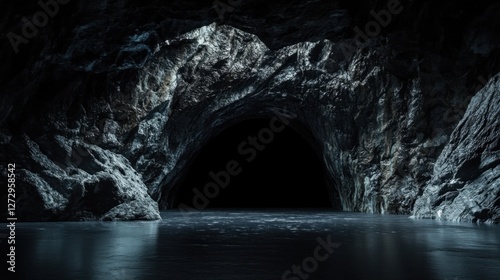 Mysterious Dark Cave Entrance with Reflective Water Surface