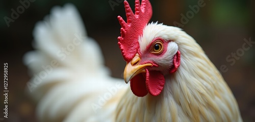 Close-up of a vibrant white chicken showcasing its distinct features, perfect for agriculture, food production, and nature-themed projects. photo