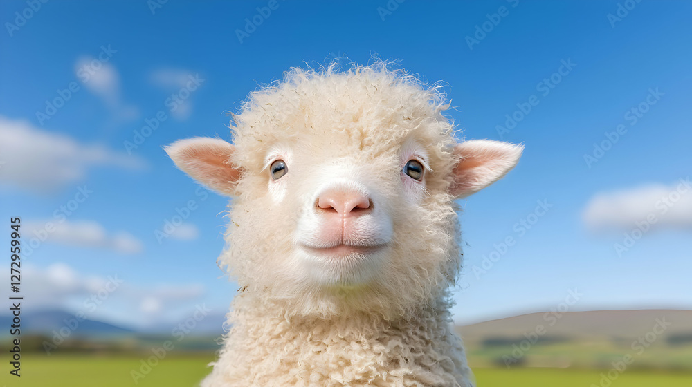 Fototapeta premium Fluffy white lamb looking directly at the camera in a sunny green pasture under a clear blue sky.