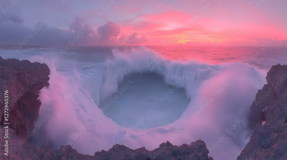 Fototapeta premium Powerful ocean wave crashing in a circular formation between rocky cliffs during a vibrant pink sunset.