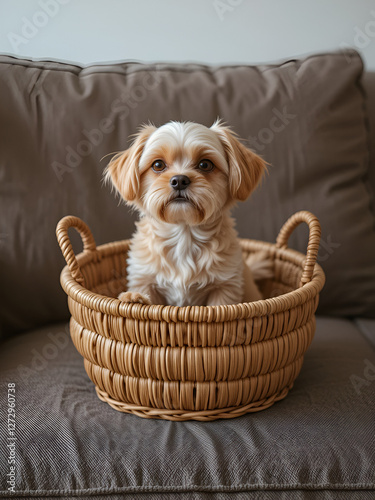 a small dog sitting in a wicker basket on a couch photo