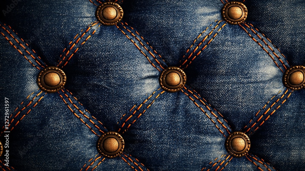 Close-up of tufted denim upholstery with bronze buttons and orange stitching.