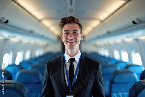 smiling young man in airplane aisle as flight attendant suit lanyard