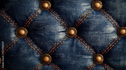 Obraz na płótnie Close-up of tufted denim upholstery with bronze buttons and orange stitching. w salonie