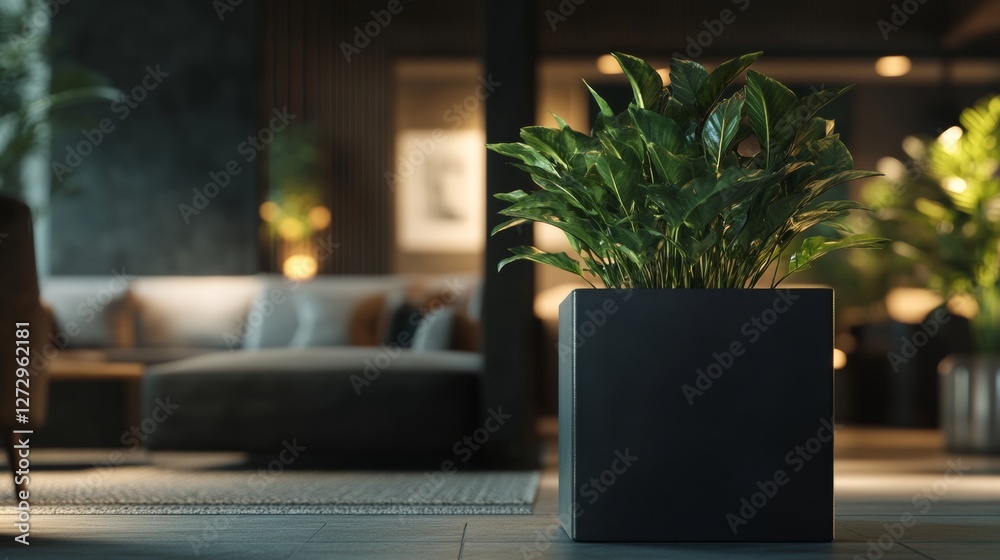 Fototapeta premium Modern matte black square fiberstone planter, placed in a stylish indoor lounge with dim moody lighting, soft spotlights highlighting its texture, blurred high-end furniture in the background