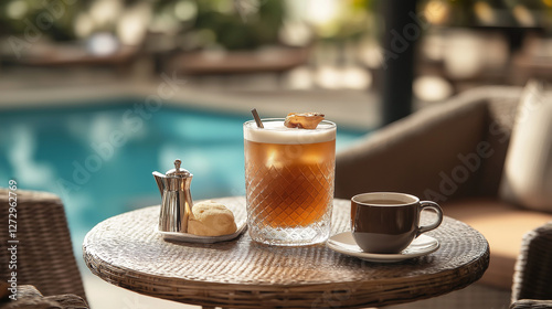 3 family seat a round a table to serve for afternoon tea drink Amaretto in a hotel cafe back ground a swimming pool