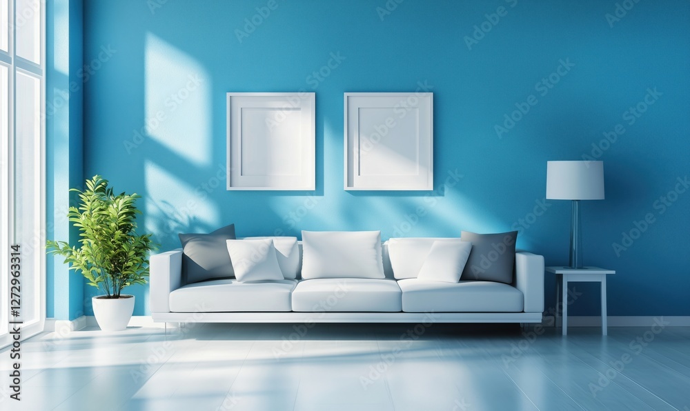 Modern living room with blue walls, white sofa, and natural light Modern living room with blue walls, white sofa, and natural light