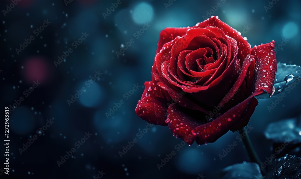 Stunning red rose with droplets on petals against a blurred blue background