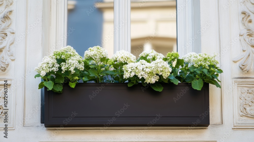 Fototapeta premium Modern rectangular window box with hydrangeas and baby's breath in a dark brown planter, on the windowsill of an elegant Parisian building with a white plastered facade, intricate carvings,