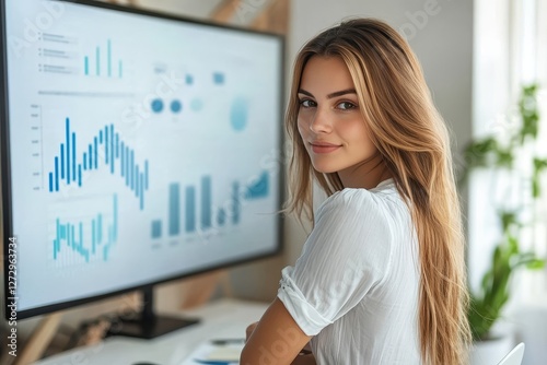 Wallpaper Mural A confident young woman leading an investment meeting, presenting financial growth charts on a large interactive display. Torontodigital.ca