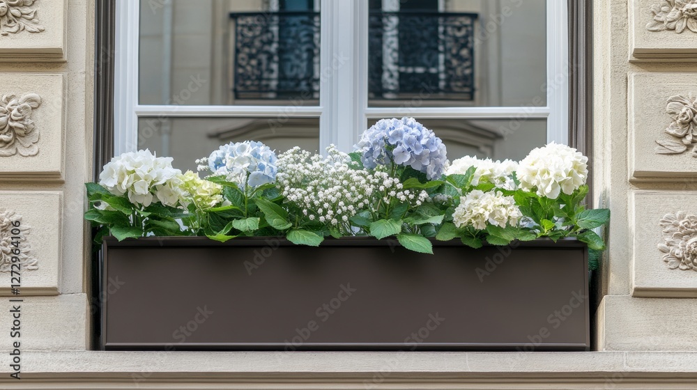 Modern rectangular window box with hydrangeas and baby's breath in a dark brown planter, on the windowsill of an elegant Parisian building with a white plastered facade, Modern rectangular window box with hydrangeas and baby's breath in a dark brown planter, on the windowsill of an elegant Parisian building with a white plastered facade,