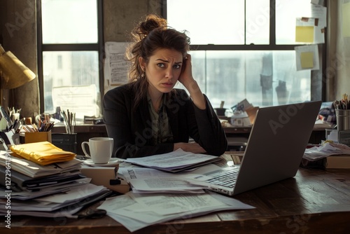 A stressed and confused office manager in his mid-30s is sitting at a cluttered desk full of paperwork.