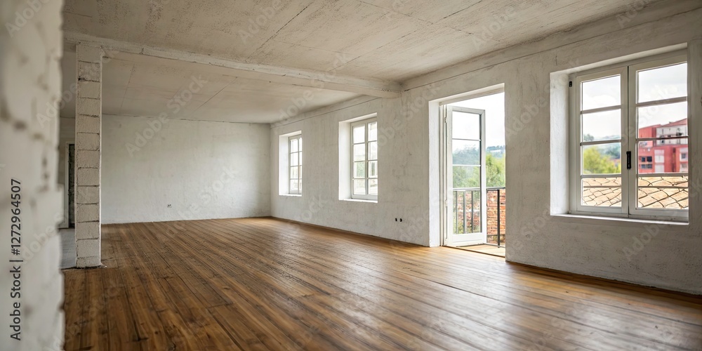 Obraz premium Empty Room with White Concrete Walls and Wooden Floor - Minimalistic Interior Design - Space for Creativity and Imagination - Modern Aesthetic - Tilt-Shift Photography