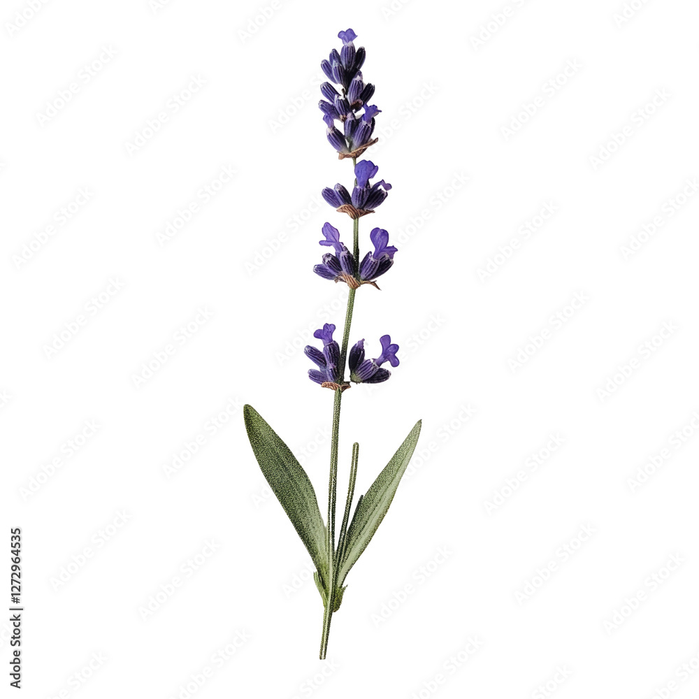 Fototapeta premium Real Pressed a single minimal lavender flower plant paper isolated on transparent background