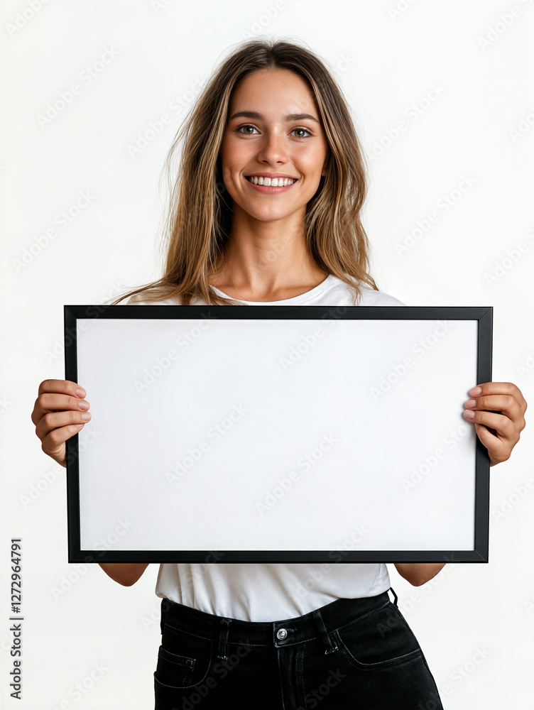 Smiling young woman holding a blank poster with both hands. White background. Smiling young woman holding a blank poster with both hands. White background.