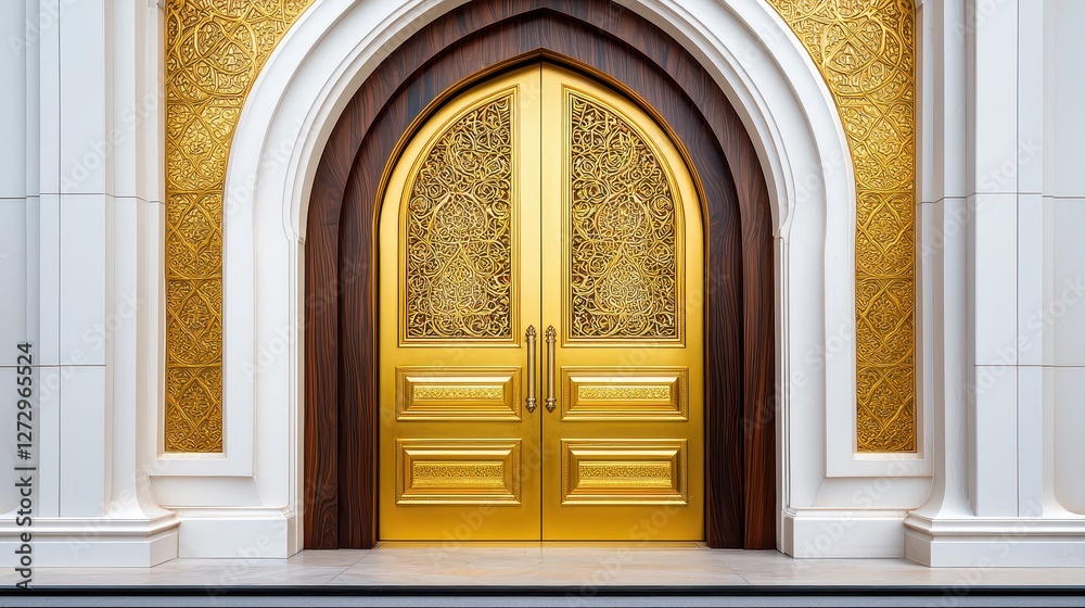 Elaborately designed golden doors within a carved architectural archway Elaborately designed golden doors within a carved architectural archway
