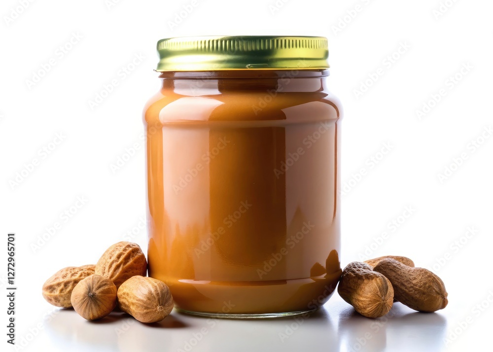 Crisp white background showcases a peanut butter jar silhouette and scattered, isolated peanuts. Stock photo. Crisp white background showcases a peanut butter jar silhouette and scattered, isolated peanuts. Stock photo.