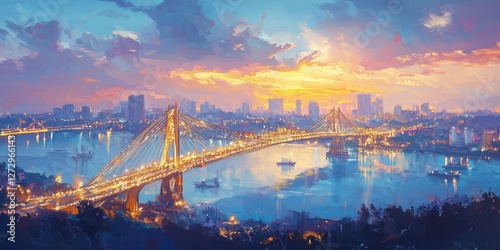 Stunning sunset view of illuminated bridge over river with city skyline in background