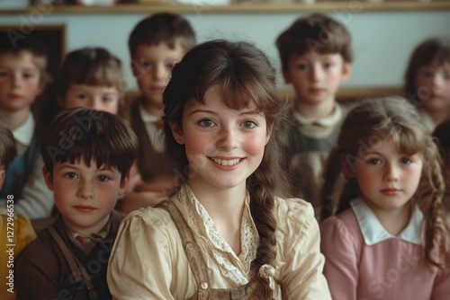 Young Teacher With Pupils in a British Classroom From 1980 Highlighting Innocence and Joy. Generative AI