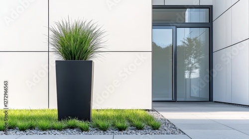 Modern tall black square plant pot in front of the entrance to an office building, white walls and grey tiles on the floor with green grass and pebbles around