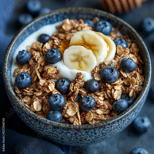 A bowl of homemade granola with yogurt, honey, and fresh blueberries photo