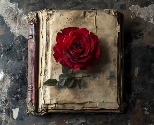 Rose on book ,old book, rose and old book on the floor. photo