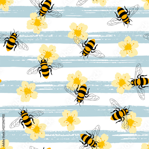 Cute honey bee seamless pattern. Vector bees and yellow flowers on striped hand drawn texture background. Sweet summer print, trendy abstract design for wrapping, fashion, fabric, textile, decoration.