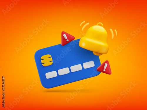Vector 3d credit card will expire soon banner. Realistic 3d render plastic card, exclamation mark in red triangle and ringing bell. Online payment error, transaction problem concept, fraud warning.