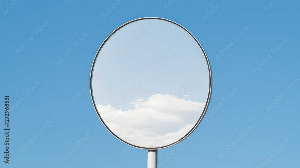 Circular mirror reflecting sky, clouds. Outdoor, minimalist design. Website banner Circular mirror reflecting sky, clouds. Outdoor, minimalist design. Website banner