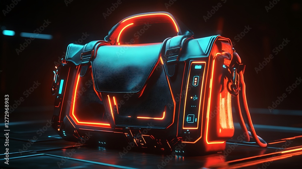 Naklejka premium A high-tech designer bag with built-in charging capabilities glowing LED accents and a modern cyber-futuristic design