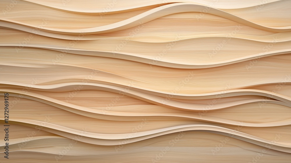 Obraz premium A textured surface of layered wood, showcasing flowing curves and natural tones, creating an organic and warm aesthetic.